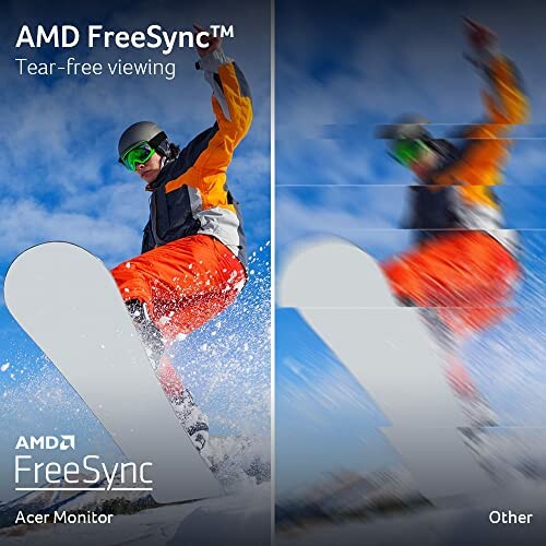 Comparison of AMD FreeSync with snowboarder, showing tear-free viewing versus blurred image.