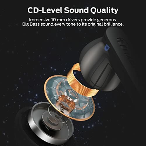 Exploded view of an earbud showcasing CD-level sound quality with 10 mm drivers.