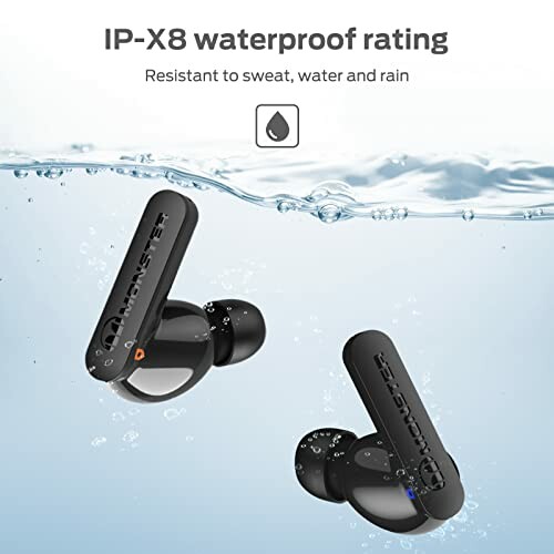 Waterproof earbuds with IP-X8 rating submerged in water.