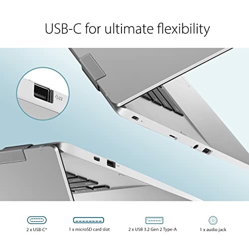 Laptop showing USB-C, microSD card slot, USB 3.2, audio jack ports.