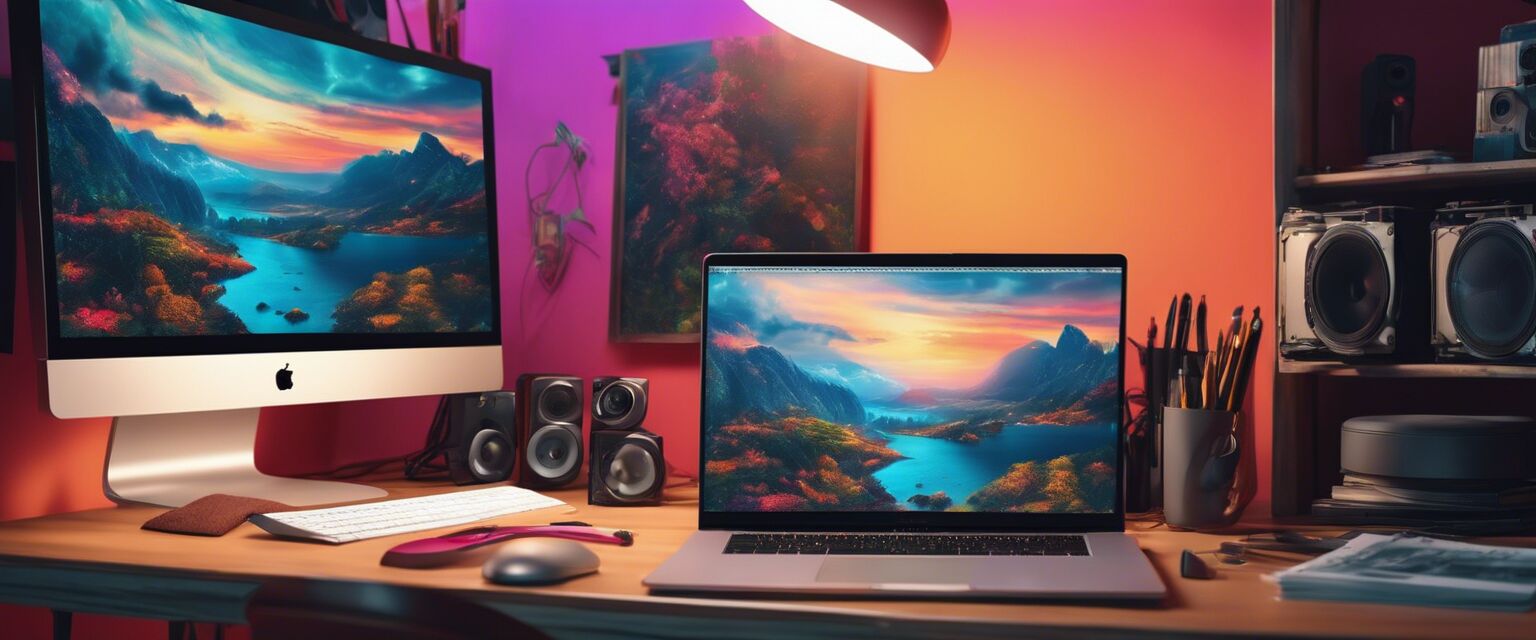 Artist's workspace with high-end monitor